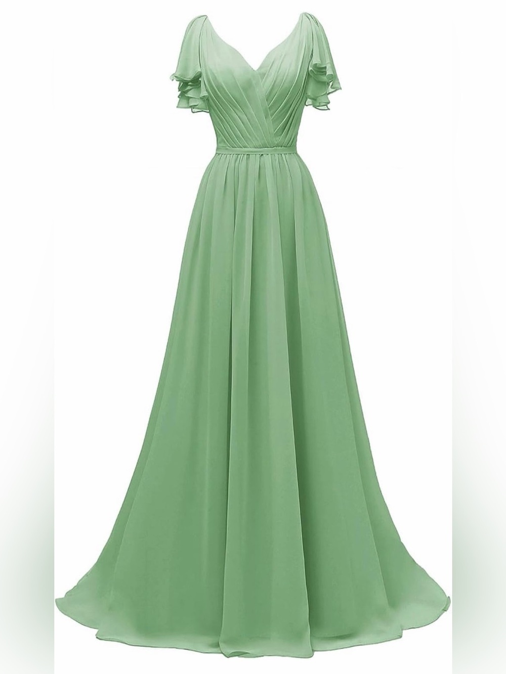 Elegant Sage Green Chiffon V-Neck Maxi Dress with Flutter Sleeves, plus size